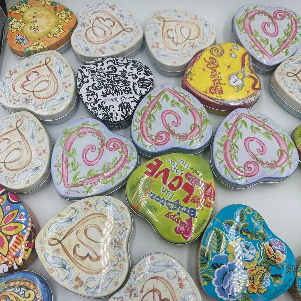 Brighton Heart Shaped Collectible Tins Lot of 30 Mixed Designs Floral Scroll Art